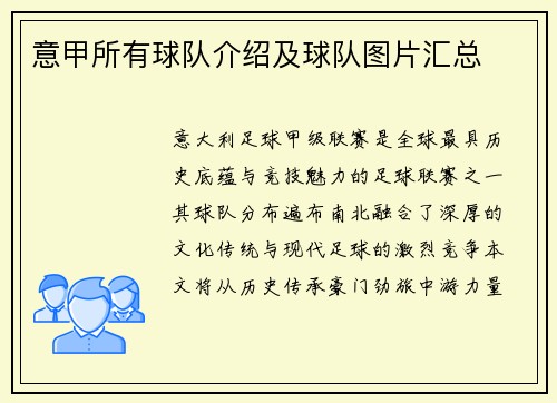 意甲所有球队介绍及球队图片汇总
